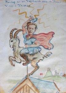 Forslag til en vejrhane på hr. Thaus villa i Thorsø. Karikaturtegning af Aage Jensen-Haarup (1920erne).