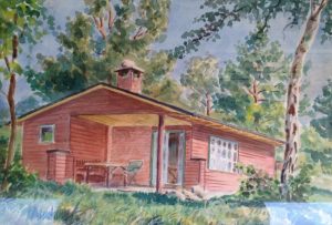 Det gamle hus på nr. 203 i Vesterlund. Malet af Aage Jensen-Haarup, 1959.