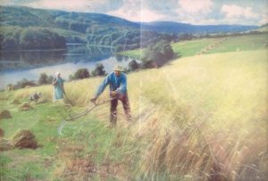 Maleri fra Virklund med Thorsø i baggrunden. Kunstmaler Peder Mønsted, 1924. Motivet er taget cirka der, hvor kirken ligger i dag.