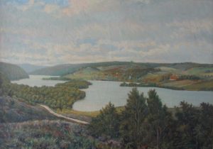 Udsigt over Thorsø med Vesterlund i baggrunden. Kunstmaler Emil Janus Weinreich. På dette maleri ser man både Weinreichs eget hus nr. 103, Vesterlundgård, Højborg og Baronessens Hus.