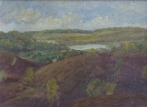 Udsigten fra Højborg-området ud over Thorsø. Kunstmaler Emil Janus Weinreich, malet i perioden 1926-1934.