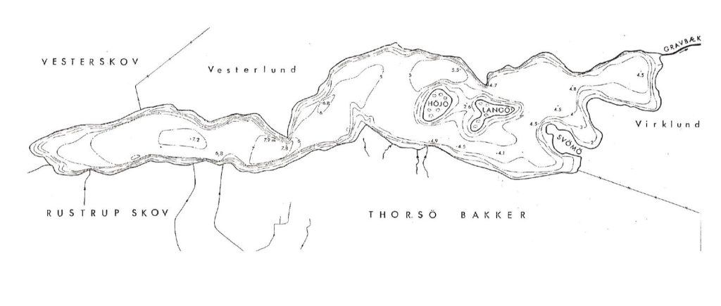 Søkort over Thorsø med dybdekurver, Højø, Langø og Svømø